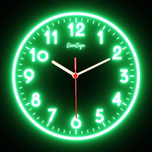 May include: A green neon clock with white numbers and a red second hand. The clock face reads "EaseSign" and shows the time as 12:00.