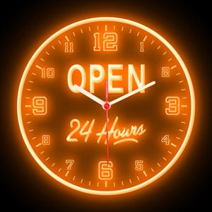 25ck1252 24 Hours Open Restaurant Shop Convenience Store Cafe Bar Wall Home Decor Colorful LED Flexible Flex Neon Clock 10"