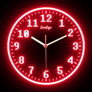 May include: A red neon clock with white numbers and a white clock hand. The clock face is black and the text "EaseSign" is printed in white.