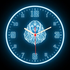 Puede incluir: Un reloj azul y blanco con una ilustración de perro en el centro. La esfera del reloj tiene números negros y una aguja de segundos roja.