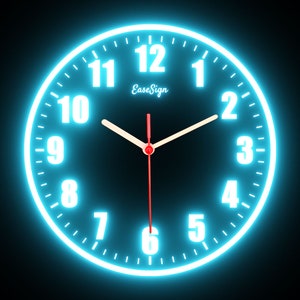 May include: A blue neon clock with black numbers and a red second hand. The clock face reads "EaseSign" and the numbers 1 through 12.