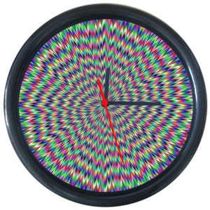 May include: A black framed clock with a colorful, swirling, psychedelic design. The clock hands are black and red.