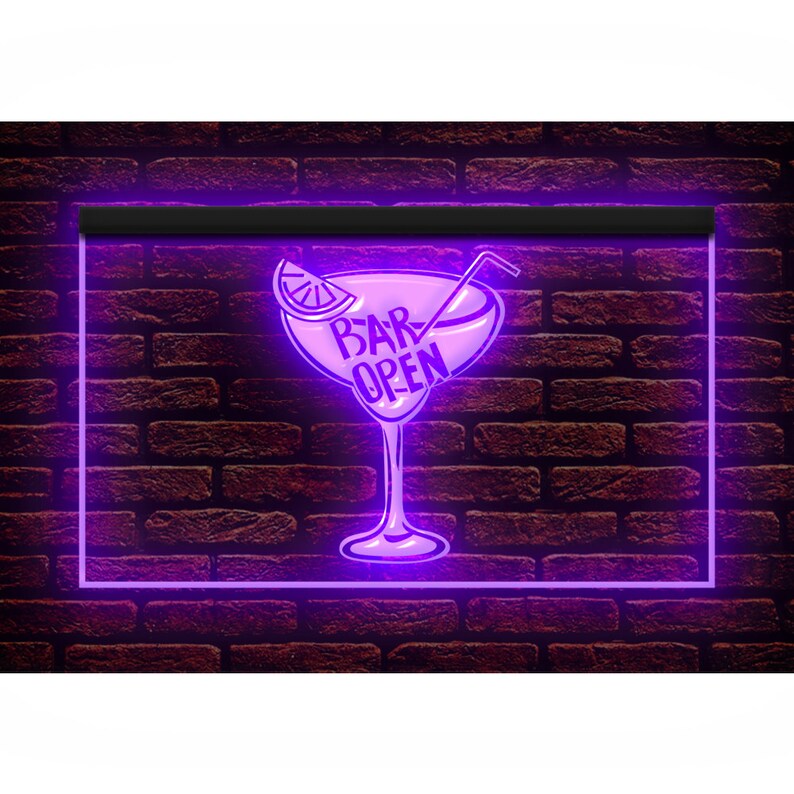 May include: A neon sign with a purple glow against a brick wall. The sign is shaped like a cocktail glass with a lemon slice and a straw. The words "BAR OPEN" are written inside the glass.