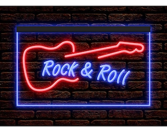 Rock and Roll Guitar LED Neon Sign, Music Room Decor Dual Colors