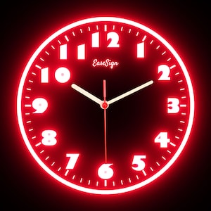 May include: A round, red neon clock with white numerals and hands. The clock face displays the text "EaseSign" and features a glowing red outline. The hands indicate the time is approximately 10:10.