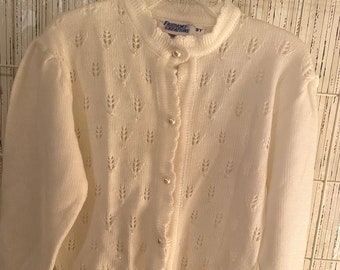 Vintage Girl's Cardigan Sweater 3-4 T White  Knit Style & Pearls
