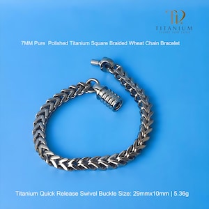 May include: A polished titanium square braided wheat chain bracelet. The bracelet features a quick-release swivel buckle. The text on the image reads "TITANIUM STORE FOR LOVE" and "7MM Pure Polished Titanium Square Braided Wheat Chain Bracelet."