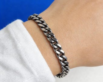7MM Mens Titanium  Polished Cuban Chain Bracelet: Lightweight Flat Curb