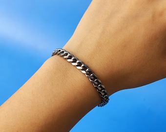 7MM Pure Titanium Curb Chain Bracelet, Stonewashed Beveled Edge, Hypoallergenic Jewelry