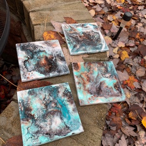 Hand Painted Resin Coasters (set of 4) Acrylic pour on ceramic tile