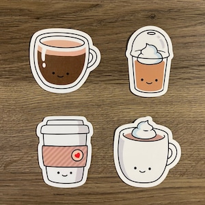 Cute Coffee and Tea Kawaii Waterproof Sticker Pack | Cute | Fun Stickers | Stickers | Gift for Her | Pack of 4 Waterproof Stickers