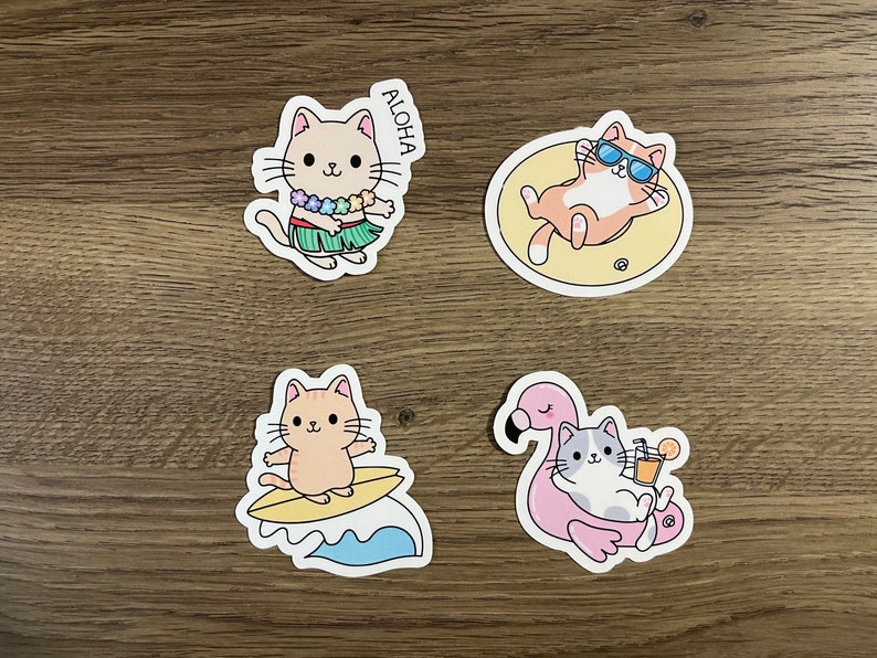 Cute Kawaii Beach Cat Waterproof Sticker Pack | Cute | Fun Stickers ...