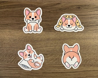 Cute Kawaii Corgi Waterproof Sticker Pack | Cute | Fun Stickers | Approx 2” x 1.5” | Gift for Her | Pack of 4 Waterproof Stickers