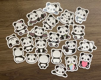 May include: A collection of panda bear stickers in various poses. The stickers feature black and white pandas with different accessories, including bows, bow ties, and hearts. Some pandas are lying down, while others are sitting or standing.