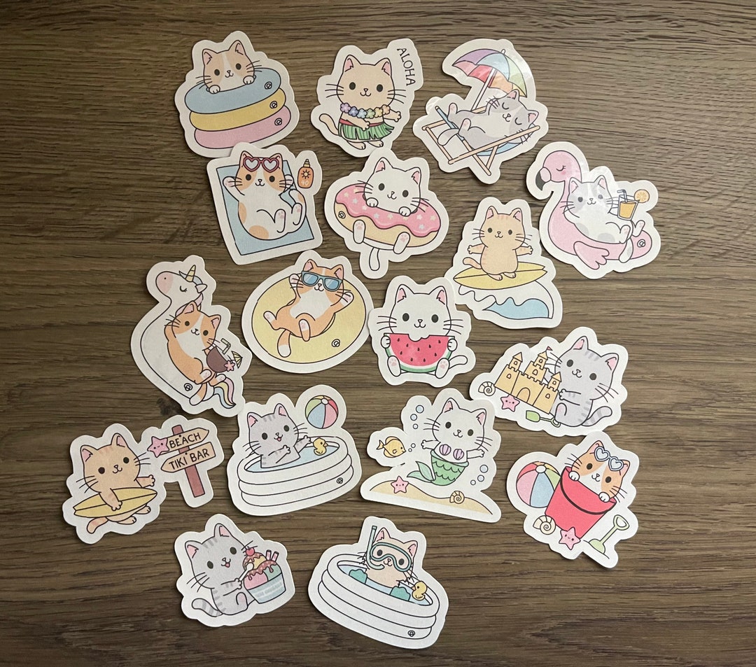 Cute Kawaii Beach Cat Sticker Pack | Cute | Fun Stickers | Stickers ...