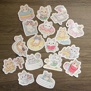Cute Kawaii Beach Cat Sticker Pack | Cute | Fun Stickers | Stickers | Gift for Her | Pack of 17 Planner Stickers