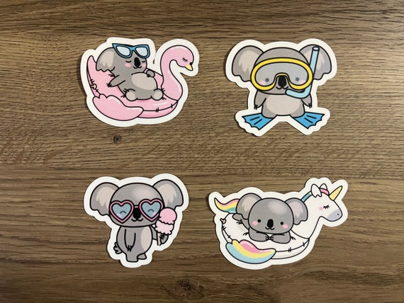 Kawaii Koalas Summertime Fun Waterproof Sticker Pack Cute Fun Stickers  Stickers Gift for Her Pack of 4 Waterproof Stickers 