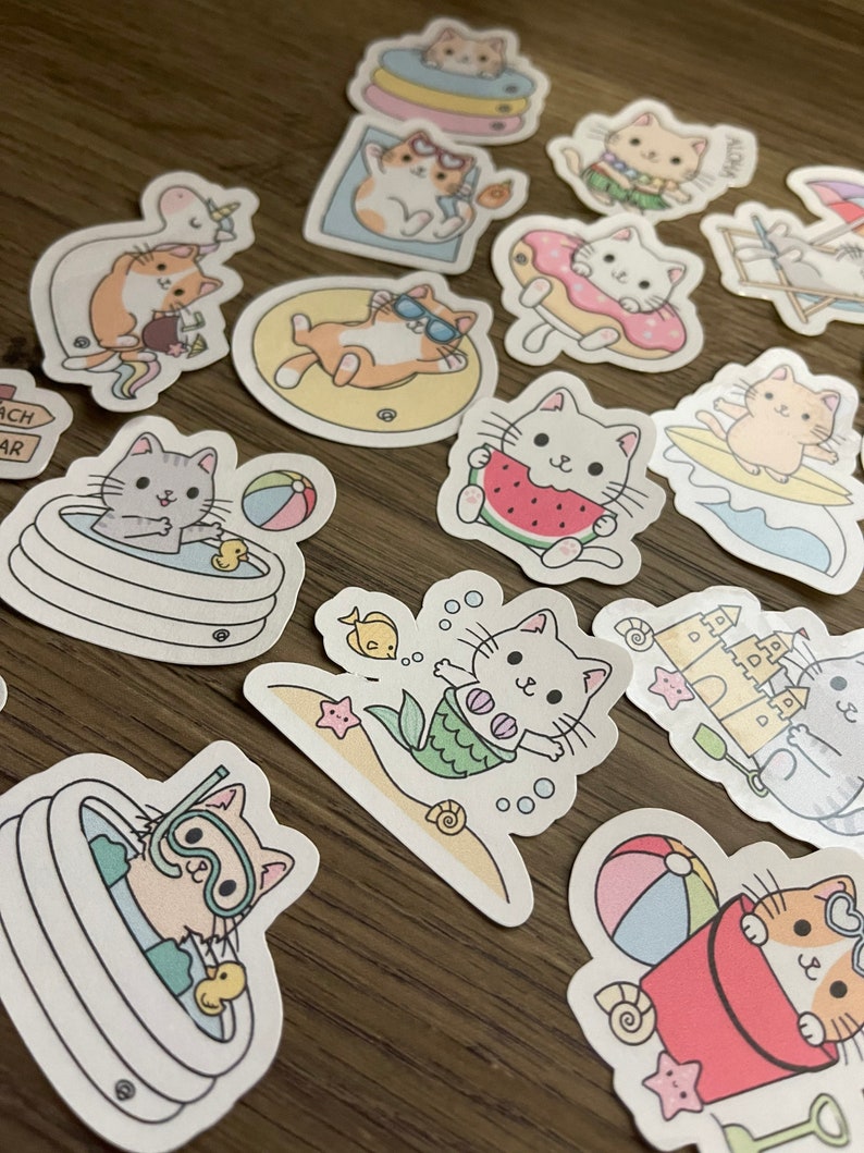 Cute Kawaii Beach Cat Sticker Pack | Cute | Fun Stickers | Stickers ...
