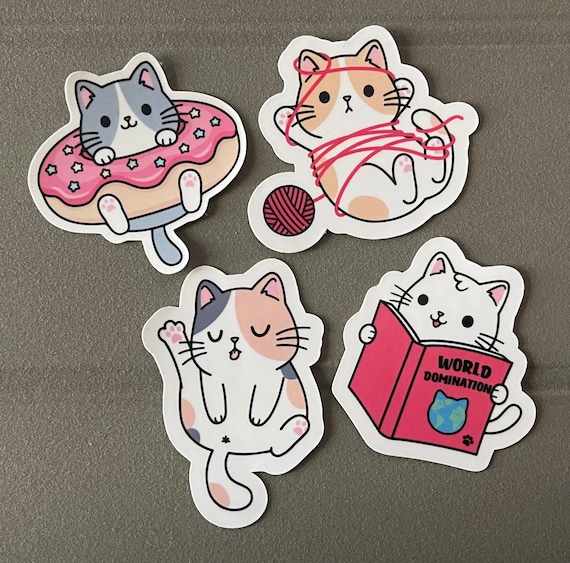 Cute Kawaii Cat Sticker Pack | Waterproof | Fun Stickers | Stickers | Gift  for Her | Pack of 4 Waterproof Stickers