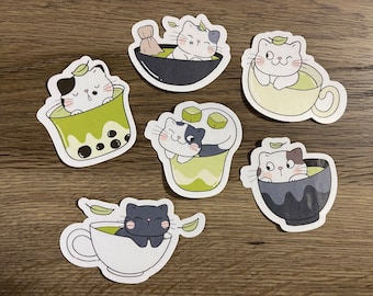 Cute Kawaii Matcha Cats Sticker Pack | Cute | Fun Stickers | Food Stickers | Food Lovers | Gift for Her | Pack of 6 Stickers