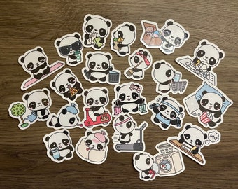 May include: A set of 20 panda stickers featuring various activities, including eating pizza, riding a scooter, and doing laundry. The stickers are white with black outlines and feature cute panda faces.