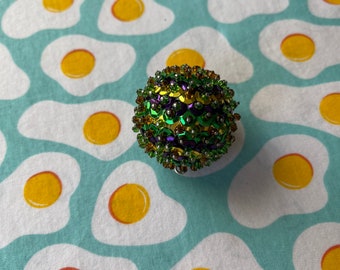 SECONDS! Purple, Green, and Gold Sequin Holiday Decoration with Beads Retro Inspired 1970s Christmas Tchotchke Ready to Ship Mardi Gras