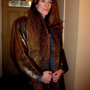 Vintage 70&#39;s Leather Coat, Fur Trim, Brown Leather Coat, Fur Coat, Brown Luxury Coat, Full Length Leather Coat, Statement Coat, Made France