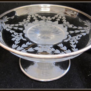 Vintage Etched Glass Compote with Sterling Silver Trim, Pedestal Compote, Antique Crystal Compote, Silver Trim Glassware, Vintage Crystal