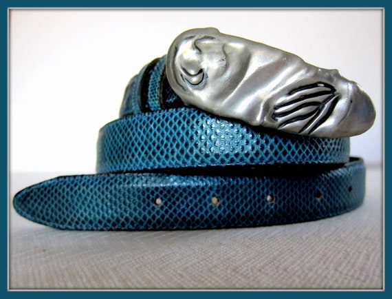 Blue Leather Skinny Belt, Blue Leather Belt, Leat… - image 1