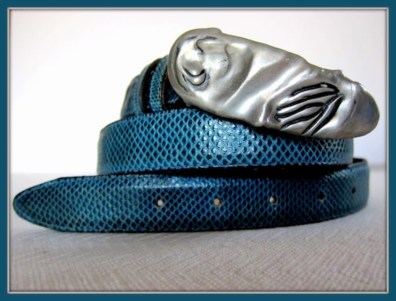 Blue Snake Skin Textured Belt with Silver Buckle blackblue_snakeskin_with_db_ic  main image 4
