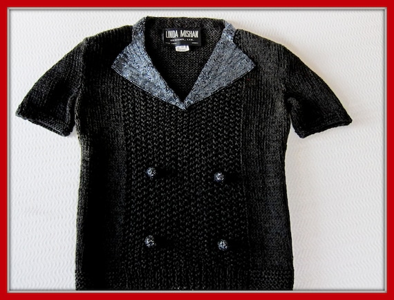 Vintage 80s Black Beaded Sweater, Tuxedo Sweater,
