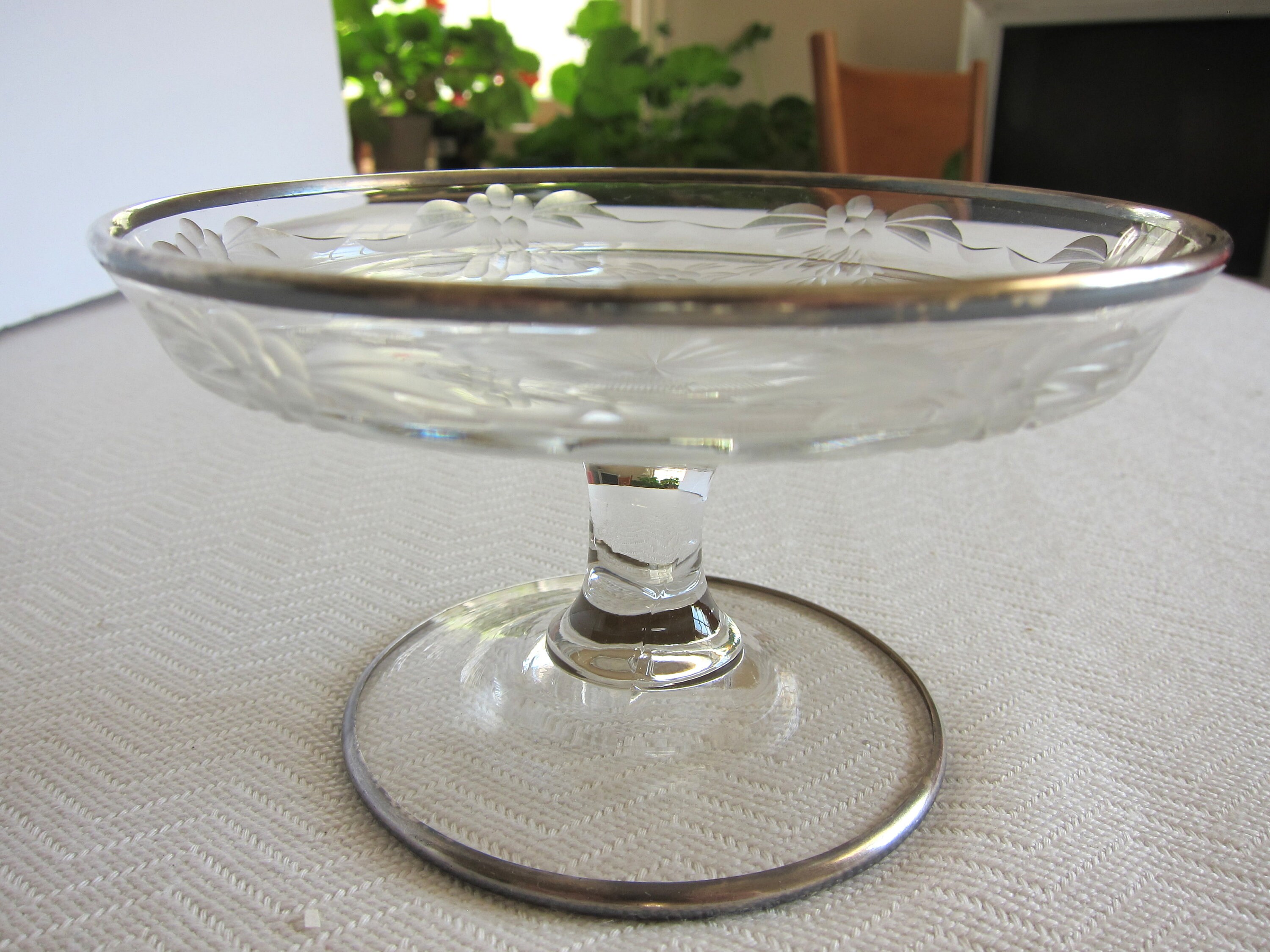 Vintage Etched Glass Compote With Sterling Silver Trim, Pedestal ...