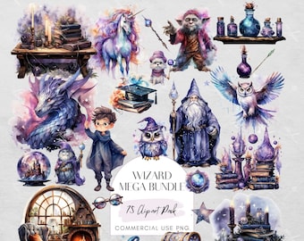 Wizard Magic Clipart Mega Bundle, wizarding school, potions, enchanting elements, 75+ PNG, Watercolor Design, Commercial Use