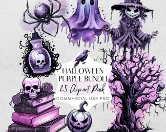 Spooky Purple Halloween Clipart Bundle, 24 PNGs, transparante achtergrond, Goth paars thema, schattige Halloween Graphics, commercieel gebruik