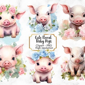 Floral Piglet Clipart, PNG Files, Adorable Baby pigs, PNG Digital, Transparent Background, Commercial Use