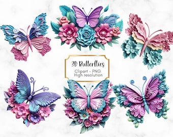 May include: Five 3D butterflies with floral accents. The butterflies are in various shades of pink, blue, and purple. The flowers are in shades of pink, blue, and green. The text "3D Butterflies" is in a gold frame.