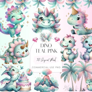 Dino Teal Pink Clipart, Cute Dinosaur Party PNG's, Dino Clip Art, Dinosaur Nursery Décor, Cute T-Rex PNG, Pink and Teal Dinosaurs