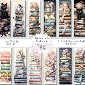 Stacked Books Printable Bookmarks, Book Lovers Designs, Digital Letter Size 11x8.5 PDF, Separate PNGs, Bookmark Sublimation Designs