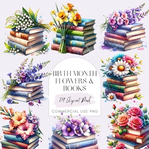 Fleurs du mois de naissance et livres aquarelle PNG, 24 cliparts floraux pour le mois de naissance, piles de livres, conceptions pour les amateurs de livres et illustrations éducatives