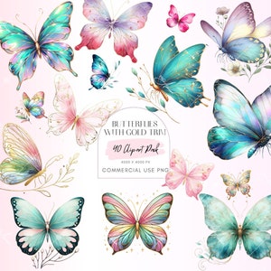 Watercolor Butterflies Clipart, Butterfly Clipart Insect, Butterflies with Gold Trim PNG&#39;s, butterfly illustration, Commercial Use