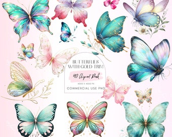 Watercolor Butterflies Clipart, Butterfly Clipart Insect, Butterflies with Gold Trim PNG's, butterfly illustration, Commercial Use