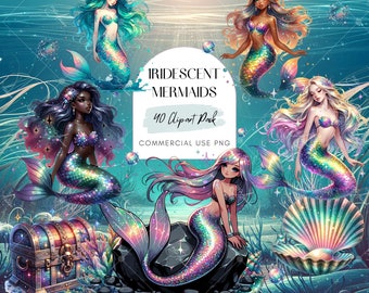Iridescent Mermaids Clipart Bundle, Whimsical Mermaids PNG's, Cute Underwater Graphics for Girls, Underwater Glitter Images, Mermaid Party