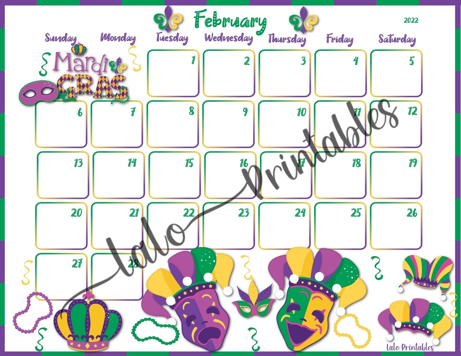 Mardi Gras February 2022 Calendar Month Instant Download Etsy