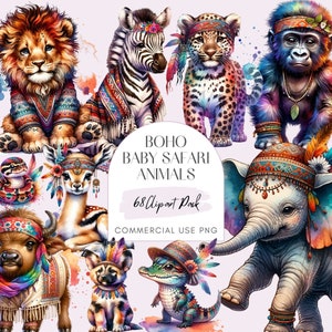 Boho Baby Safari Animals Watercolor PNG, Adorable Animal Clipart, Mega Bundle, Baby Shower Images, Safari Nursery animals