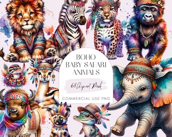 Boho Baby Safari Animals Acquerello PNG, Clipart di animali adorabili, Mega Bundle, Immagini Baby Shower, Animali della scuola materna Safari