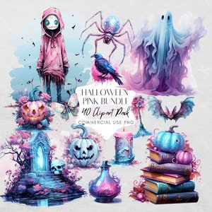Spooky Halloween Clipart Bundle, 40 Pastelloween PNGs, Transparent Background, Watercolor Design, Pastel Goth theme, Commercial Use