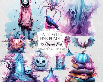 Spooky Halloween Clipart Bundle, 40 Pastelloween PNGs, Transparent Background, Watercolor Design, Pastel Goth theme, Commercial Use