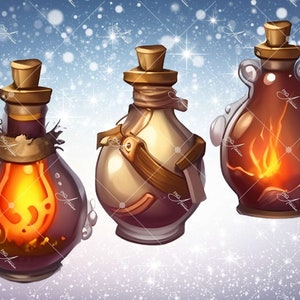 May include: Three glass bottles with cork stoppers and glowing orange liquid inside. The bottles are different shapes and sizes, with one having a brown leather strap around it.