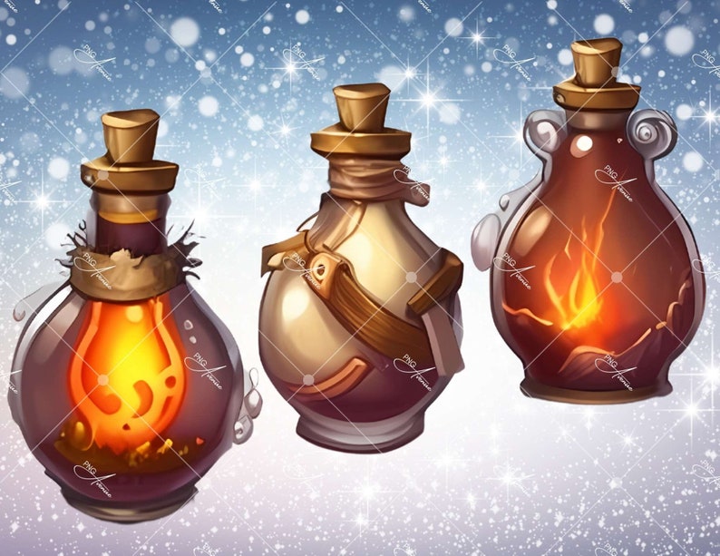May include: Three glass bottles with cork stoppers and glowing orange liquid inside. The bottles are different shapes and sizes, with one having a brown leather strap around it.