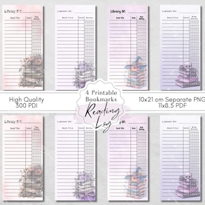May include: Four printable bookmarks with a reading log theme. Each bookmark features a different design with a stack of books, a floral pattern, and a starry sky. The bookmarks are 10x21 cm and are available as separate PNG files or a combined PDF.